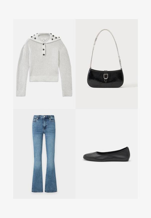 Suéter de punto acanalado en gris claro con un diseño recortado, combinado con una tapeta abotonada y una capucha adornada con acentos en forma de flores.; Jeans de mezclilla acampanados en lavados claros; cuentan con una cintura alta, costuras cosidas y un ligero desgaste en la parte inferior de las piernas.; Bailarina de piel negra con punta redondeada, textura suave, detalle de costura minimalista y diseño de suela flexible.; Bolso de hombro de charol negro con detalle de hebilla plateada y correa de cadena plateada, presentado sobre un fondo liso y claro.