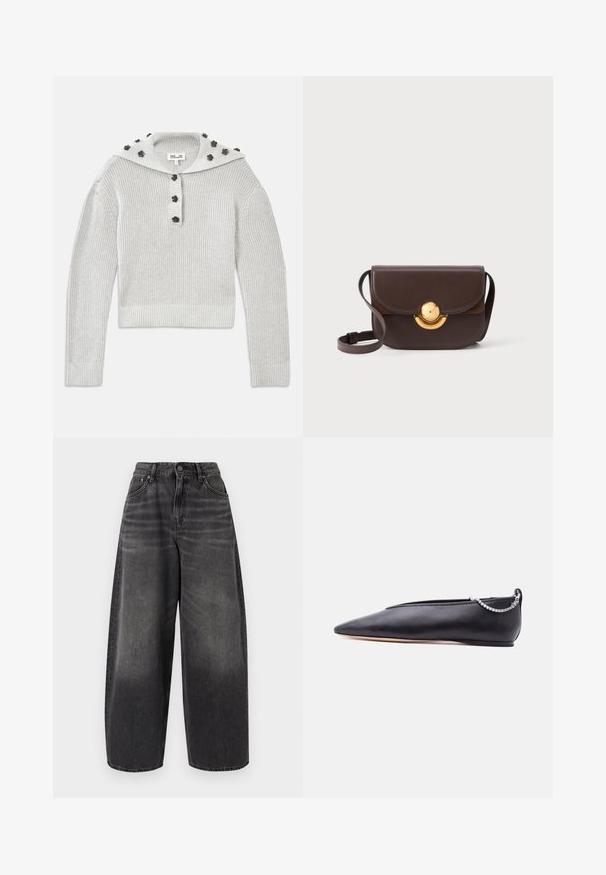 Lys grå, ribbet striktrøje med en cropped design, samlet med en knaplukning og en hætte udsmykket med blomstformede accenter.; Sorte bukser med vidde i benene og høj talje, foran med knapper og lynlåslukning samt klassisk design med fem lommer, vist på ensfarvet baggrund.; Sort læder flad sko med spids tå, lav hæl og sølvkæde detalje bagpå mod en ensfarvet baggrund.; Brun læder crossover taske med et buet hardware-tilbehør i guldfarve, klaplukning og en aftagelig skulderrem. Glat tekstur.