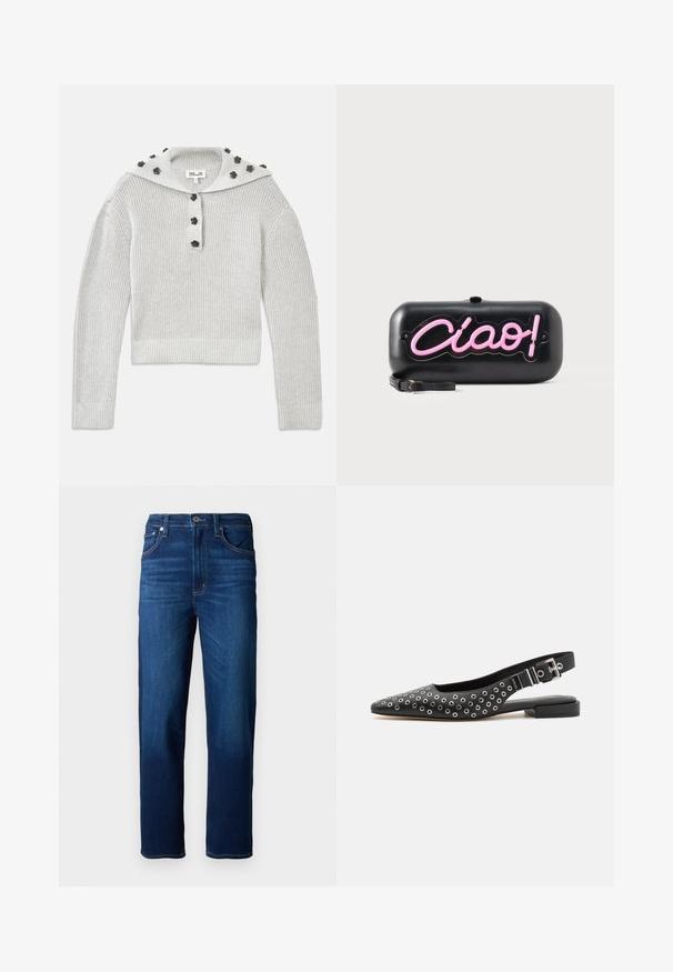 Lys grå, ribbet striktrøje med en cropped design, samlet med en knaplukning og en hætte udsmykket med blomstformede accenter.; Mørkeblå denimjeans med lige pasform, fem lommer, synlige syninger og knaplukning. Glat tekstur.; Sorte slingback flade sko med spidset tådesign, prydet med sølvfarvede, cirkulære øjer samt en lav blokhæl og justerbar spænde.; Sort rektangulær clutch med pink neonstil "Ciao!" bogstaver og en lille sort håndledsrem på en hvid baggrund.