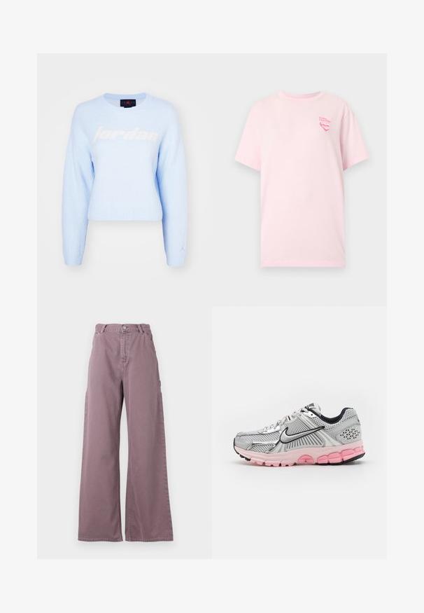Lyseblå cropped sweater lavet af blødt, tekstureret stof. Har et stort hvidt "jordan" logo på fronten og et lille logo på ærmet.; Lyserød kortærmet T-shirt med et lille lyserødt hjerte og teksten "To You Love Nike" på venstre bryst mod en ensfarvet baggrund.; Bredde bukser i støvet mauve bomuld med en frontlukning med knap, sidelommer og syet detaljering langs sømmene.; Nike Sportswear ZOOM VOMERO 5 NEWS - Sneakers - photon dust/metallic silver/pink foam/medium soft pink/wolf grey/black