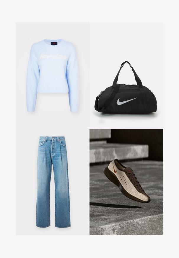 Lyseblå cropped sweater lavet af blødt, tekstureret stof. Har et stort hvidt "jordan" logo på fronten og et lille logo på ærmet.; Lyseblå højtaljede lige jeans med frontfolder, fem lommer, knaplukning og synlige sømme på en hvid baggrund.; Nike-sneaker med beige perforeret overdel og brune detaljer svæver over betonstrappen og kaster en skygge.; Sort duffel taske med en glat stoffer finish. Har et fremtrædende refleksiv Nike-logo og korte håndtag, samt en justerbar skulderrem.
