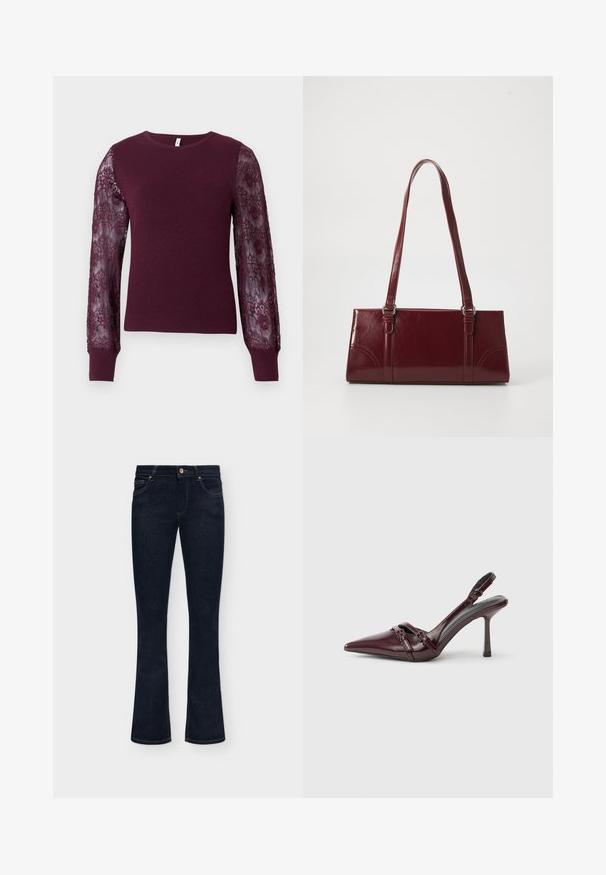 Pull en tricot bordeaux avec de longues manches en dentelle transparente. Texture côtelée aux poignets et sur le corps, avec un col rond classique.; Jean en denim bleu foncé avec une taille mi-haute, un bouton sur le devant et un léger évasement en bas sur un fond uni.; Escarpin slingback en cuir verni bordeaux avec bout pointu, fine bride à la cheville et petit détail décoratif de boucle. Texture lisse et talon haut.; Sac à main bordeaux en matériau brillant, de forme rectangulaire, avec deux anses et des accents légèrement courbés à l'avant.