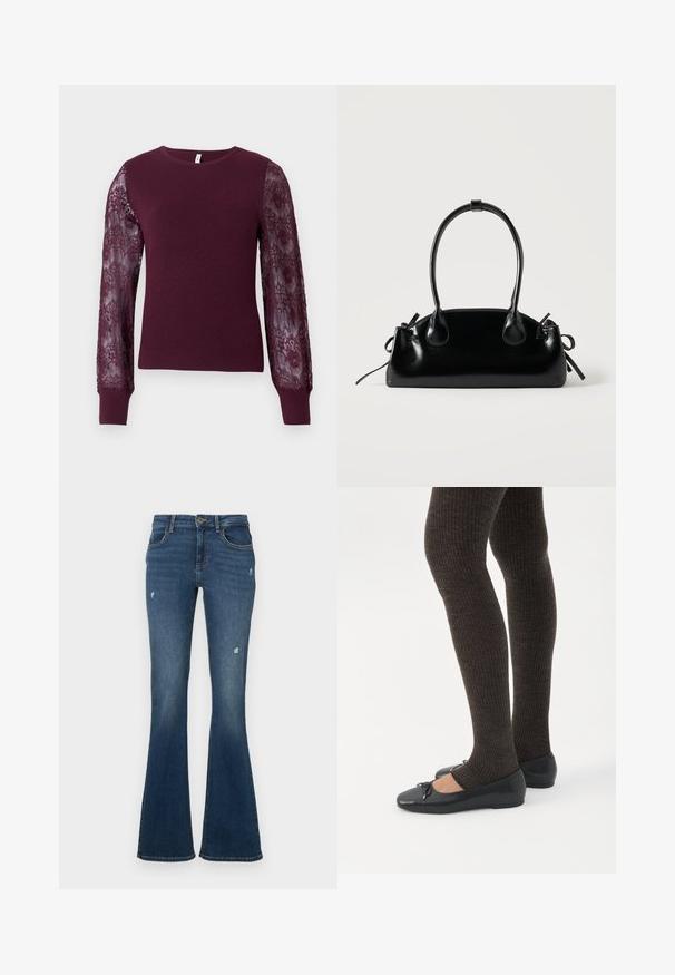 Pull en tricot bordeaux avec de longues manches en dentelle transparente. Texture côtelée aux poignets et sur le corps, avec un col rond classique.; Jean en denim évasé bleu foncé avec des patches usés. Comprend cinq poches et une fermeture éclair. Tissu de poids moyen avec une texture lisse.; Jambes portant des leggings côtelés foncés associés à des ballerines noires avec de petits détails en nœud sur fond blanc.; Petit sac à main noir brillant avec deux longues anses et des détails à cordon sur les côtés sur un fond clair uni.