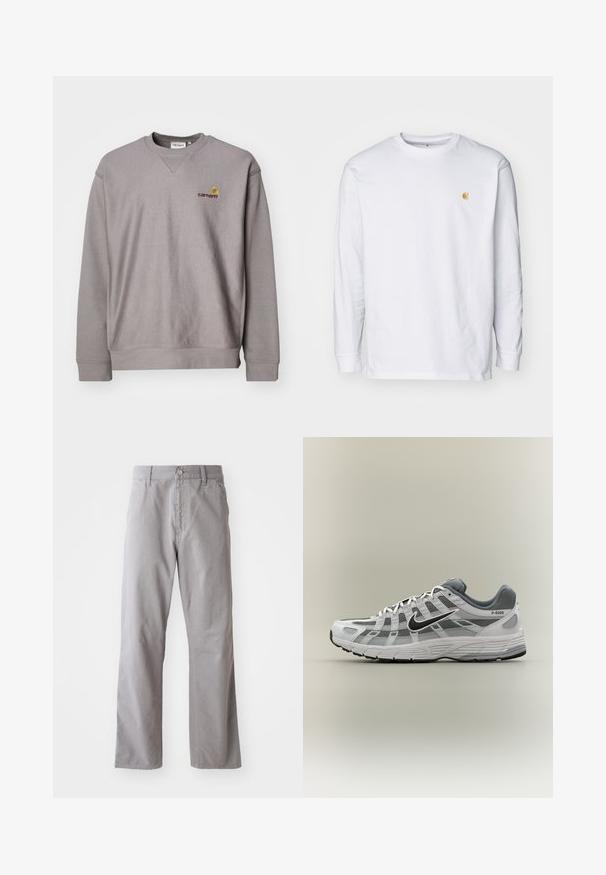 Sweatshirt gris avec un col rond, des poignets côtelés et un logo discret brodé en jaune et bordeaux. Fabriqué en tissu doux et texturé.; T-shirt à manches longues blanc en coton. Présente un petit logo doré sur la poitrine et un col rond. Design simple et coupe standard.; Pantalon en coton gris à coupe droite, avec une fermeture à bouton sur le devant et des passants de ceinture. Texture lisse et détails minimalistes.; Baskets Nike P-6000 blanches et grises avec swoosh noir, panneaux en maille et semelle texturée, montrées en profil latéral sur fond neutre.