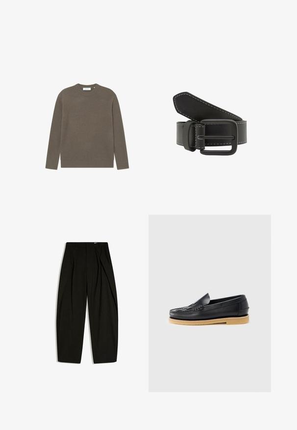 Ribbet strikket sweater i jordnær brun farve, med rund halsudskæring og lange ærmer, med en tekstureret overflade og en subtil brandingetiket.; Sorte skræddersyede bukser med høj talje, prydet med subtile, lodrette nålestriber og en frontplissédetalje, vist fladt mod en hvid baggrund.; Sort læderloafer med vævet detalje på tåen og en lys brun crepesål, vist fra siden på en hvid baggrund.; Sort læderbælte med synlige sømme, med et rektangulært sort metalspænde. Formen er standard med en glat tekstur.