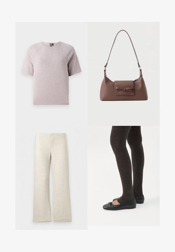 Lichtbeige t-shirt met korte mouwen, gemaakt van zachte, gestructureerde stof, met een ronde halslijn en raglanmouwen.; Beige linnen broek met wijde pijpen, voorzien van een platte tailleband en gestikte gulp, afgebeeld op een effen witte achtergrond.; Benen met donkere geribbelde leggings gecombineerd met zwarte ballerina's met kleine strikdetails op een witte achtergrond.; Bruine leren schoudertas met een voorvak met klep en een gestikte strikdetail en een verstelbare band.