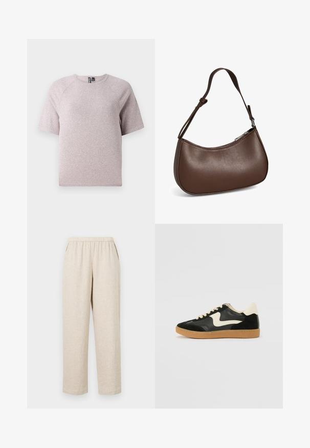 Camiseta de manga corta color beige claro, hecha de una tela suave y texturada, con un escote redondo y mangas raglán.; Pantalones de lino beige con cintura elástica, que cuentan con bolsillos laterales, piernas rectas y un acabado de tela texturizada.; Zapatillas de deporte de ante y cuero negro con un swoosh lateral en crema y un talón en crema claro. Presenta cordones beige y una suela de goma marrón.; Pequeño bolso bandolera de cuero marrón con correa ajustable y cierre de cremallera, mostrado sobre un fondo blanco. Sin logotipos ni adornos visibles.