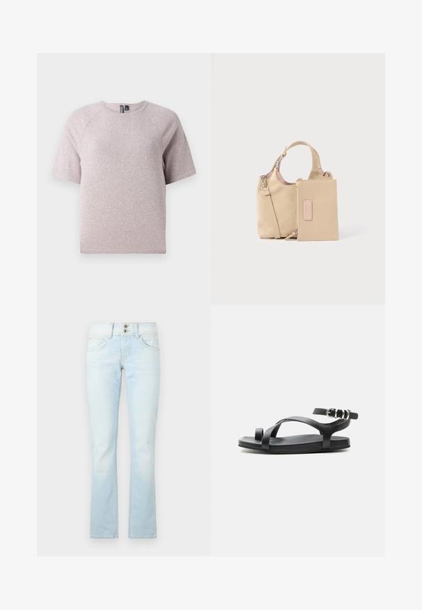 Helles beige T-Shirt mit kurzen Ärmeln, aus weichem, strukturiertem Stoff, mit rundem Halsausschnitt und Raglanärmeln.; Helle blaue Schlagjeans aus Denim mit einem zwei Knopfverschluss, fünf Taschen und sanften Auswaschungen im gesamten Stoff.; Schwarze flache Sandale mit dünner Zehenlasche, überkreuzten Riemen und verstellbarem Knöchelriemen mit silberner Schnalle, vor einfarbigem Hintergrund gezeigt.; Beige Wildleder-Handtasche mit strukturiertem Körper, kurzen Griffen und abnehmbarem, mit Reißverschluss versehenem Täschchen. Mit pinkfarbenem Akzent am Etikett des Täschchens.