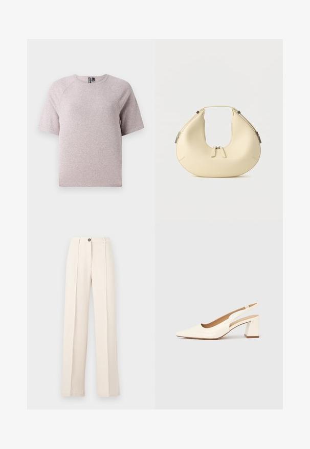 Lichtbeige t-shirt met korte mouwen, gemaakt van zachte, gestructureerde stof, met een ronde halslijn en raglanmouwen.; Beige wijde broek met een gladde textuur, voorzien van een knoopsluiting en twee voorplooien. Geen zakken zichtbaar in het ontwerp.; Slingback pump van glanzend crèmekleurig lakleer, met een spitse neus en een stevige blokhak voor stabiliteit. Minimalistisch ontwerp, zonder versieringen.; Beige, halvemaanvormige handtas met dubbele ritssluiting en korte handgreep, voorzien van zilverkleurige hardware details aan de zijkanten.