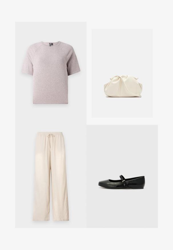 Helles beige T-Shirt mit kurzen Ärmeln, aus weichem, strukturiertem Stoff, mit rundem Halsausschnitt und Raglanärmeln.; Beige, locker sitzende Hose mit elastischem Bund und Kordelzug vorne, gerade geschnittene Beine, vor schlichtem hellem Hintergrund präsentiert.; Schwarze Leder-Ballerinas mit einer runden Spitze, einer flachen Sohle und einem dünnen, verstellbaren Riemen über dem Spann mit einer Metallschnalle.; Weiche, cremefarbene Leder-Clutch mit gerafftem Design und einem dünnen Schulterriemen, der vorne auf einem schlichten Hintergrund liegt.
