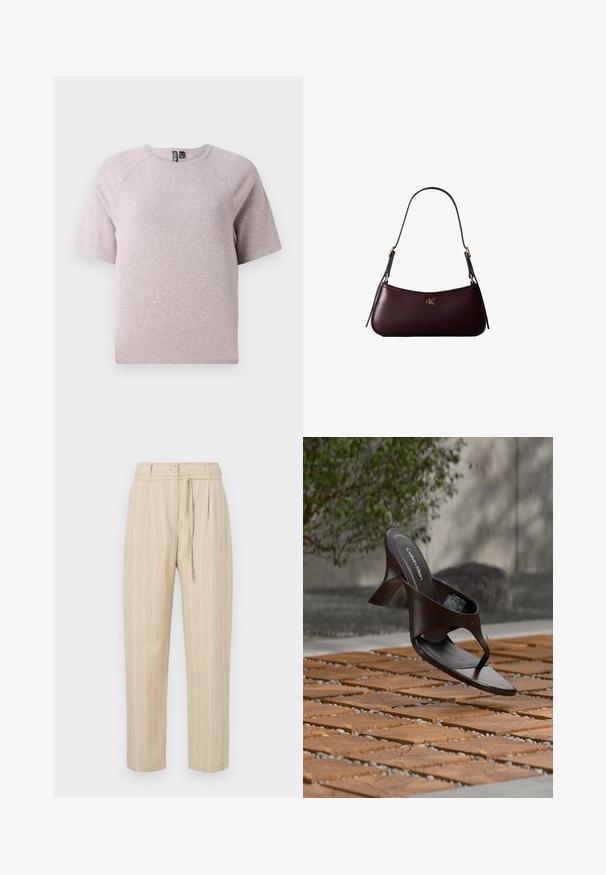 Helles beige T-Shirt mit kurzen Ärmeln, aus weichem, strukturiertem Stoff, mit rundem Halsausschnitt und Raglanärmeln.; Beige gestreifte Hose mit lockerer Passform, mit geschnürtem Bund, Knopfverschluss und Bindegürtel, aus leichtem Stoff gefertigt.; Braune Calvin Klein Sandalette mit Absatz und Zehensteg, schwebend über einem Boden aus Holzfliesen und Kies im Freien, mit verschwommenem Grün und Stein im Hintergrund.; Dunkelburgunderfarbene Lederhandtasche mit schmalem schwarzem Schulterriemen und kleinem goldenem "cK" Logo vorne in der Mitte.