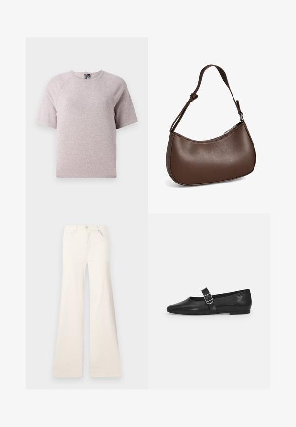 Helebeežist lühikeste varrukatega t-särk, mis on valmistatud pehmest, tekstuuriga kangast, ümmarguse kaelusega ja raglanvarrukatega.; ONLY Wide-fit ONLMADISON High waist Wide Leg Fit - Wide leg - ecru; Must värvi nahast tasased kingad ümarate varvastega, ühe reguleeritava paelaga ja siledat, läikivat pinda. Minimalistlik disain madala kontsaga.; Väike pruunist nahast õlakott reguleeritava rihma ja tõmblukuga, näidatud valgel taustal. Nähtavat kaubamärki ega kaunistusi pole.