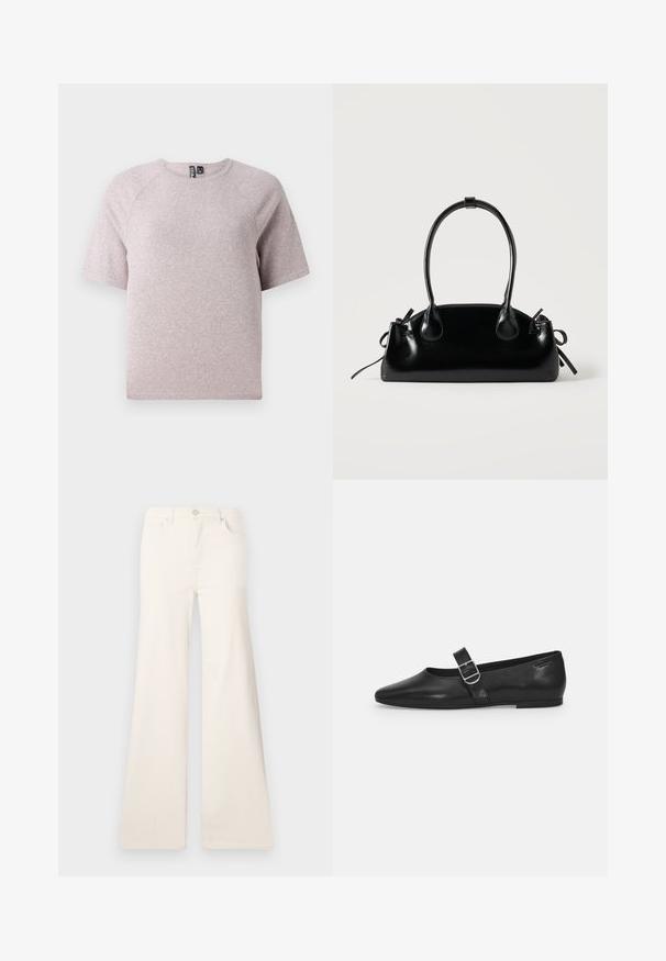 Helles beige T-Shirt mit kurzen Ärmeln, aus weichem, strukturiertem Stoff, mit rundem Halsausschnitt und Raglanärmeln.; ONLY Wide-fit ONLMADISON High waist Wide Leg Fit - Wide Leg - ecru; Schwarzer Lederflatschuh mit runder Zehenform, einem verstellbaren Schnallenriemen und einer glatten, glänzenden Oberfläche. Minimalistisches Design mit einem niedrigen Absatz.; Kleine schwarze glänzende Handtasche mit zwei langen Griffen und seitlichen Kordelzug-Details vor einfachem hellem Hintergrund.