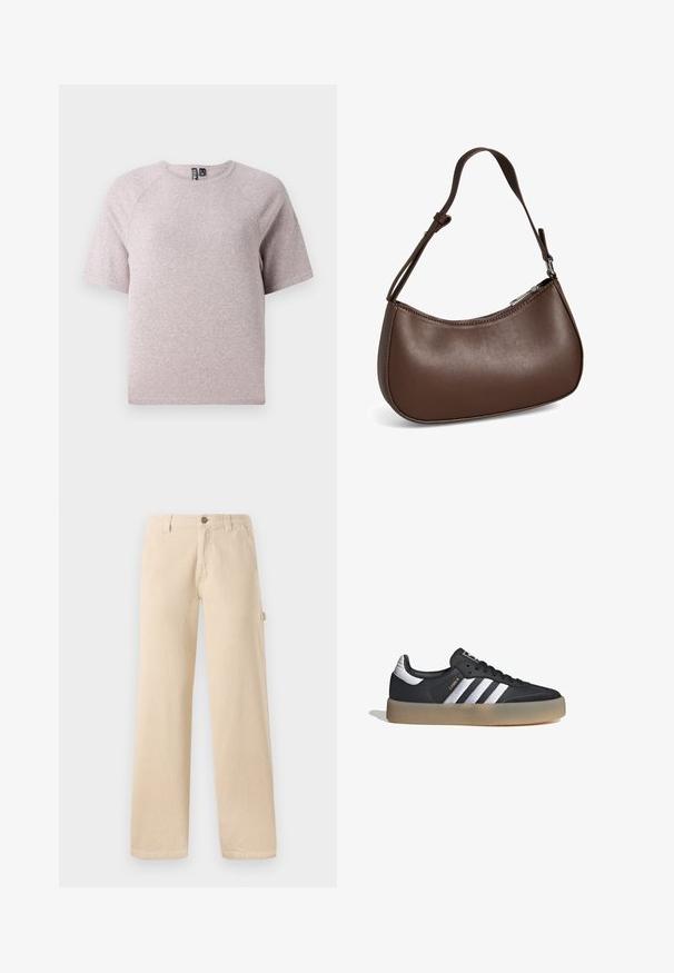 Camiseta de manga corta color beige claro, hecha de una tela suave y texturada, con un escote redondo y mangas raglán.; Pantalones de pana beige con un corte de pierna ancha, textura de canalé vertical, bolsillos frontales y detalle de botón lateral.; Zapatilla deportiva de cuero negro con tres rayas plateadas, punta texturizada y suela de goma. Cuenta con un collar acolchado y un diseño con cordones.; Pequeño bolso bandolera de cuero marrón con correa ajustable y cierre de cremallera, mostrado sobre un fondo blanco. Sin logotipos ni adornos visibles.