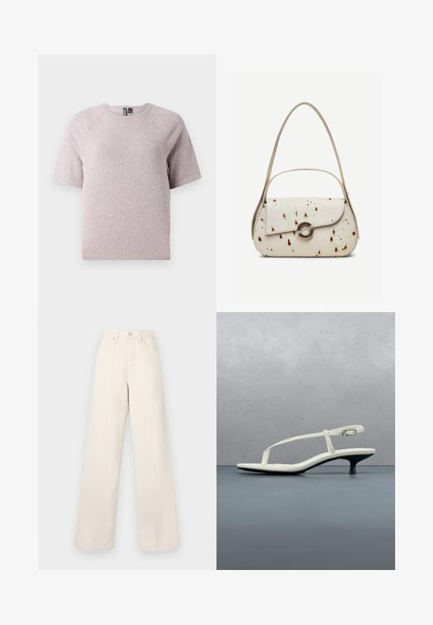 Helles beige T-Shirt mit kurzen Ärmeln, aus weichem, strukturiertem Stoff, mit rundem Halsausschnitt und Raglanärmeln.; Beige weite Hose mit hoher Taille, aus einem weichen, strukturierten Stoff gefertigt. Verfügt über einen Knopfverschluss und Fronttaschen für Funktionalität.; Weiße Riemchenpantolette mit kitten heel und spitz zulaufender Zehenpartie, schwebt über einem Holzkachelboden im Freien mit verschwommenem Pflanzen- und Wandhintergrund.; Handtasche in Cremefarben mit braunen Sprenkeln, gebogenem Überschlag mit rundem Metallverschluss, ausgestattet mit zwei dünnen Riemen, einer längeren für die Schulter.