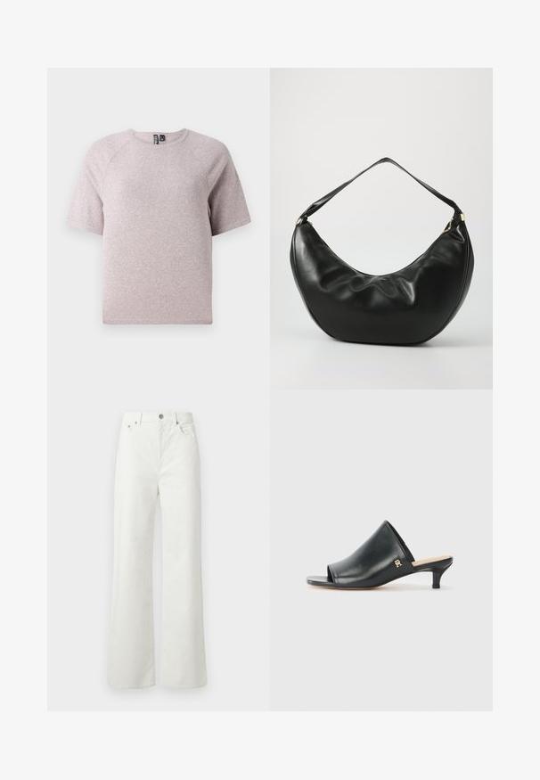 Lys beige kortærmet t-shirt lavet af blødt, struktureret stof med runde udskæring og raglanærmer.; Samsøe Samsøe SHELLY - Jeans Relaxed Fit - clear cream; Sorte læder open-toe mules med en lav hæl. Har en glat overflade og et guld logo-prim på siden.; Sort læder skuldertaske med en buet form, blød tekstur og en enkelt rem; har en guldbeslået lynlås og diskret branding.