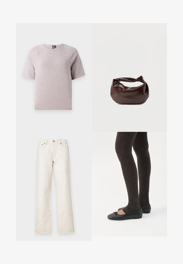 Lys beige kortærmet t-shirt lavet af blødt, struktureret stof med runde udskæring og raglanærmer.; Viddebenede, høj talje jeans lavet af beige denim. Har lommer, en front knaplukning og kontrasterende syninger langs sømmene.; Ben iført mørke ribbede leggings kombineret med sorte balletsko med små sløjfedetaljer på hvid baggrund.; Mørkebrun læder skuldertaske med en blød, afslappet form og et snoet knudehåndtag på en ensartet hvid baggrund.