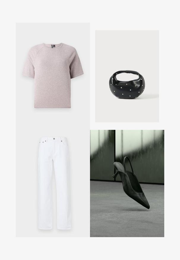 Lichtbeige t-shirt met korte mouwen, gemaakt van zachte, gestructureerde stof, met een ronde halslijn en raglanmouwen.; Witte denim jeans hebben een relaxte pasvorm met een rechte pijp, een vijf-pocket ontwerp, een sluiting met een knop aan de voorkant en koperkleurige klinknagels.; Zwarte leren slingback pumps met hoge hak en spits toelopende neus zwevend boven een grijs tapijtvloer, wazige groenachtige muur op de achtergrond.; Zwarte leren handtas met een afgeronde vorm, versierd met zilveren studs, en een korte handgreep. Gladde textuur en ritsluiting.