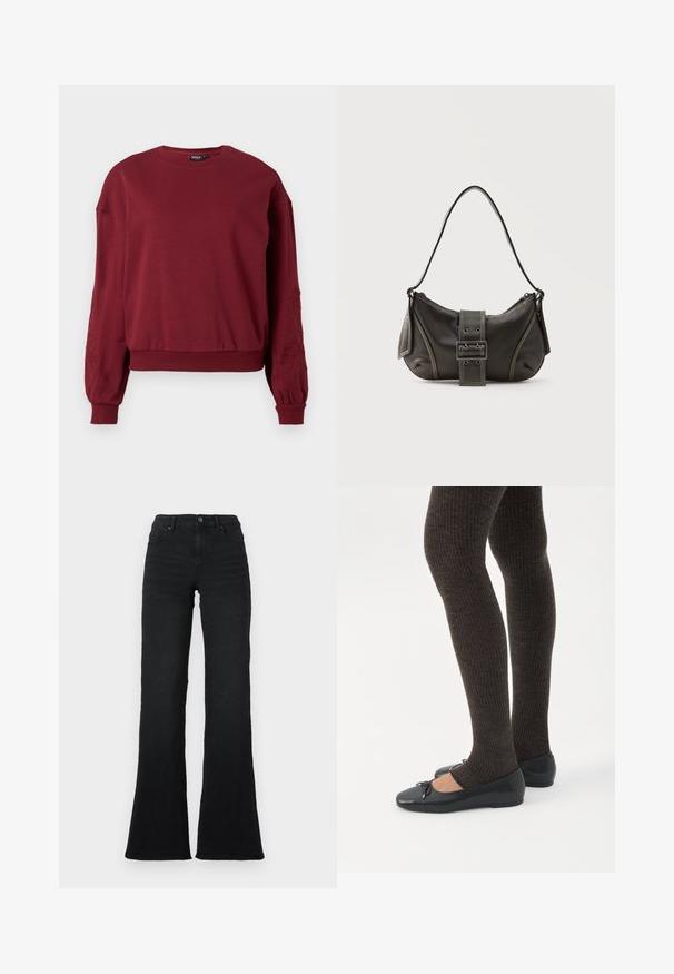 Bordeaux langærmet sweatshirt med rund hals, ribbede manchetter og kant, med diskret blomsterbroderi på ærmerne.; Sorte højtaljede flared jeans med frontlommer, bæltestropper og knaplukning på en hvid baggrund.; Ben iført mørke ribbede leggings kombineret med sorte balletsko med små sløjfedetaljer på hvid baggrund.; Sort læder skuldertaske med spænde på remmen, afrundede kanter og kontrasterende hvide syninger på en ensfarvet baggrund.