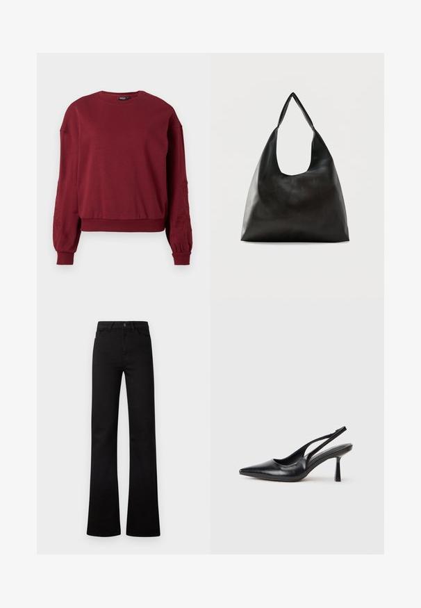 Sweatshirt bourgogne à manches longues avec col rond, poignets et ourlet côtelés, doté de broderies florales discrètes sur les manches.; Jeans noirs à taille haute, jambes droites, avec poches avant, passants pour ceinture, fermeture par bouton, et ourlets légèrement évasés sur fond blanc.; Chaussure à talon haut en cuir noir, à bride arrière, avec un bout pointu et un talon fin sur fond blanc.; Sac bandoulière en cuir noir lisse avec une large sangle unique et un design décontracté et minimaliste sur un fond uni.
