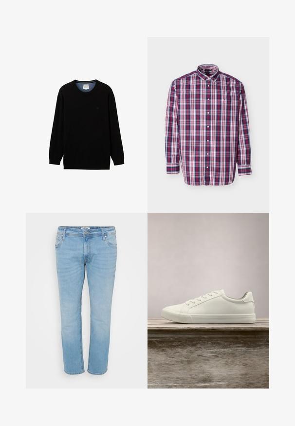 Sort langærmet sweater lavet af ribbet materiale med rund halsudskæring. Har et subtilt logo på brystet og en kontrasterende indvendig krave.; Langærmet skjorte med knapper med et blåt, rødt og hvidt ternet mønster og krave med knapper, lagt fladt på en hvid baggrund.; Lyseblå denim jeans med lige ben, fem lommer, diskret falmning og knaplukning. Syning på lommerne.; Hvide snørresneakers svævende over en træbænk med grønne planter i baggrunden, der fremhæver skodesign og tekstur.