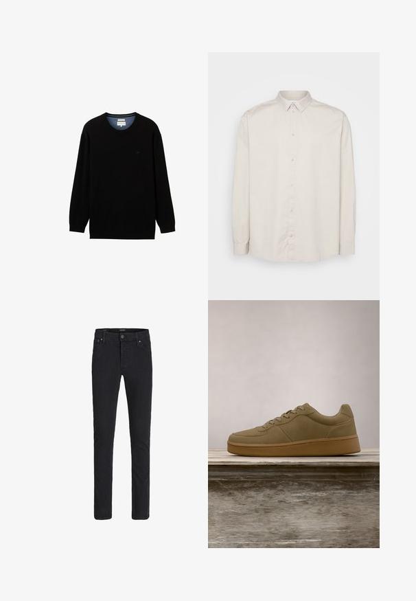 Sort langærmet sweater lavet af ribbet materiale med rund halsudskæring. Har et subtilt logo på brystet og en kontrasterende indvendig krave.; Langærmet skjorte i lys beige bomuld. Har en klassisk krave, fuld knaplukning og manchetter med knapper. Glat tekstur.; Sorte slimfit jeans med knap og lynlås foran, fem-lommer-design og bæltestropper.; Olivengrøn sneaker med snørebånd, der svæver over en træbænk, med sløret grønt løv i baggrunden.