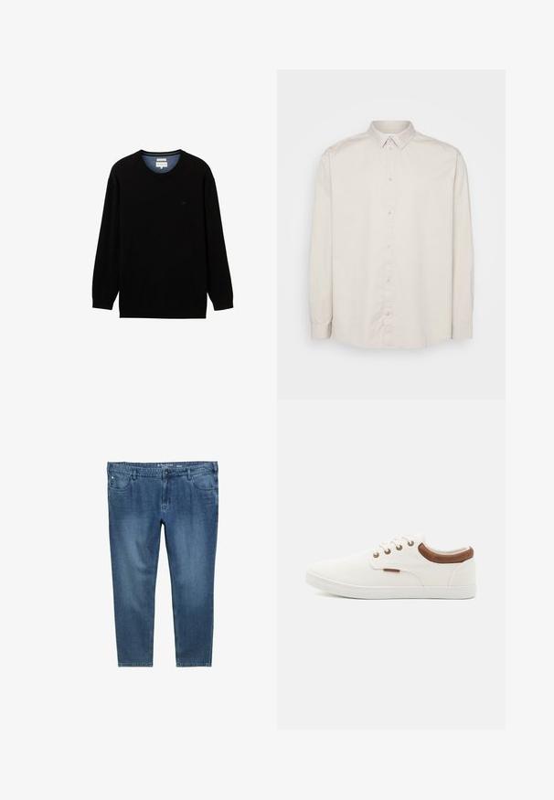 Sort langærmet sweater lavet af ribbet materiale med rund halsudskæring. Har et subtilt logo på brystet og en kontrasterende indvendig krave.; Langærmet skjorte i lys beige bomuld. Har en klassisk krave, fuld knaplukning og manchetter med knapper. Glat tekstur.; Mørkeblå denim jeans med lige ben, frontlommer og en bånd i taljen. Lys falmning langs lårerne.; Hvide lærreds sneakers med en glat overflade, brune læderdetaljer ved hælen og fem metaløjer til snørebånd. Har en flad gummisål.
