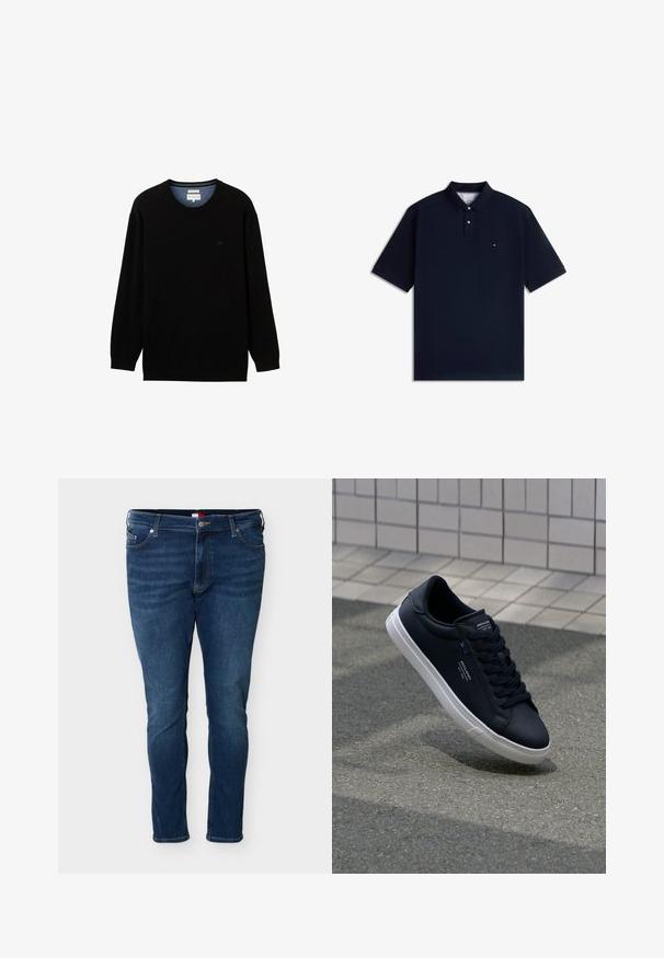 Schwarzer Pullover mit langen Ärmeln aus geripptem Material und rundem Ausschnitt. Verfügt über ein dezentes Logo auf der Brust und einen kontrastierenden inneren Kragen.; Marineblaues Poloshirt mit kurzen Ärmeln, Kragen, zwei Knöpfen und einem kleinen rot-weiß-blauen Logo auf der linken Brust.; Dunkelblaue Jeans mit geradem Schnitt, vorn mit Knopf- und Reißverschluss, vorderen und hinteren Taschen sowie Gürtelschlaufen.; Schwarze Leder-Sneaker mit einer glatten Oberfläche, weißer Gummi-Sohle und tonal passenden Schnürsenkeln. Mit Markenakzenten auf der Zunge und der Seite.