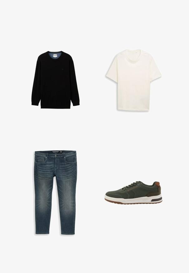 Schwarzer Pullover mit langen Ärmeln aus geripptem Material und rundem Ausschnitt. Verfügt über ein dezentes Logo auf der Brust und einen kontrastierenden inneren Kragen.; Schlichtes weißes kurzärmeliges Baumwoll-T-Shirt mit Rundhalsausschnitt, flach auf einem weißen Hintergrund liegend.; Blaue, verwaschene Slim-Fit-Jeans für Herren mit fünf Taschen, Knopfverschluss und sichtbarem Markenlabel auf der Vorderseite der Tasche und am Bund.; Olivgrüner Herren-Sneaker aus Strickstoff mit braunen Akzenten, weißer Sohle, Schnürverschluss und dem Markennamen "Tom Tailor" an der Seite.