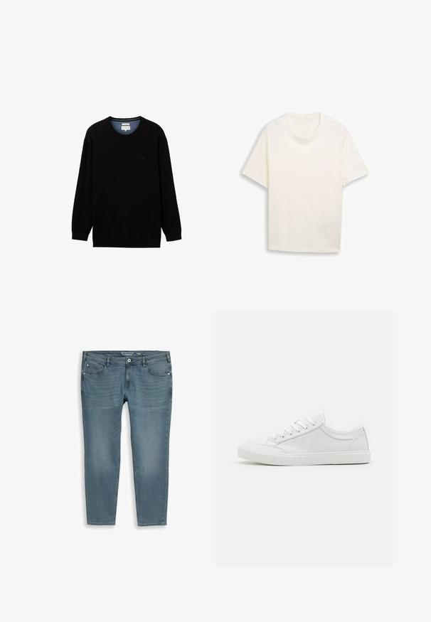 Sort langærmet sweater lavet af ribbet materiale med rund halsudskæring. Har et subtilt logo på brystet og en kontrasterende indvendig krave.; Hvid, kortærmet bomuld T-shirt med rund hals, lagt fladt på en hvid baggrund.; Blå denimjeans med lommer foran og bagpå, bæltestropper, knaplukning og let falmning på lår og knæ. Størrelse 40/34.; Hvide sneakers med en glat læderoverdel, rund tå, flad gummisål og seks øjestik til snørebånd. Subtile syninger og minimalistisk design.