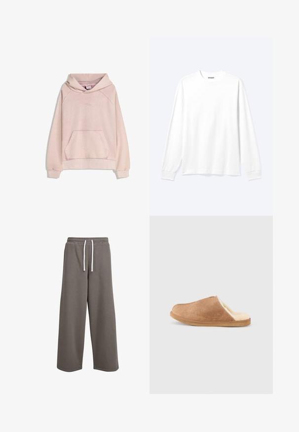 Vaaleanpunainen puuvillaneule, jossa on etuosassa kengurutasku, brodeerattu logo ja raglan-hihat. Pehmeä kangas, jossa on ribbikuvioidut hihansuut ja helma.; Pitkähihainen tavallinen valkoinen paita, jossa pyöreä kaula-aukko ja resorireunaiset hihansuut, esillä neutraalilla vaalealla taustalla.; Lösa sweatpants i en dämpad grå tyg, med en mjuk textur, elastisk midja med vita dragsnören och raka fållar.; Ruskea mokkainen liukuportassukka, jossa on kermaisen värinen pehmeä fleecvuori ja kumipohja, esitetty sivuprofiilissa valkoisella taustalla.