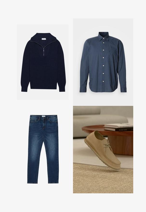 Pull en maille bleu marine avec un col zippé à moitié, présentant une texture côtelée et un design en V sur le devant. Manches longues et ourlet ajusté.; Chemise bleu marine à manches longues, à motif à petits carreaux, avec une poche poitrine unique et des boutons blancs sur fond uni.; Jean slim-fit bleu foncé avec des détails délavés, design classique à cinq poches, fermeture à bouton et passants de ceinture.; Chaussure décontractée à lacets en daim beige flottant au-dessus d'un tapis texturé dans un salon moderne avec une table basse en bois et des livres.