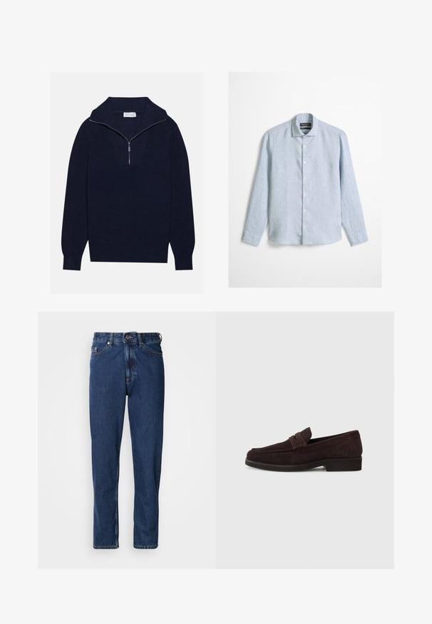 Pull en maille bleu marine avec un col zippé à moitié, présentant une texture côtelée et un design en V sur le devant. Manches longues et ourlet ajusté.; Chemise bleu clair à manches longues avec boutons et col classique, en tissu texturé, présentée sur un fond uni.; Jean bleu foncé en denim, avec une coupe droite, style cinq poches et des coutures apparentes le long des coutures.; Mocassins en daim marron avec une silhouette basse et un embout arrondi. Présentent une sangle décorative sur le dessus, une semelle en caoutchouc plate et sans couture visible.