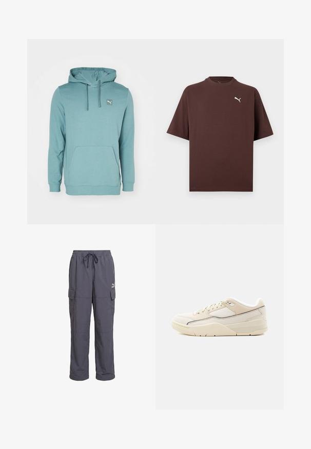 Türkise Kapuzenjacke aus weichem Stoff, mit einer Kängurutasche und einem kleinen Logo-Patch auf der oberen linken Seite.; Braunes T-Shirt mit kurzen Ärmeln und Rundhalsausschnitt, mit kleinem weißem Puma-Logo auf der linken Brust vor weißem Hintergrund.; Dunkelgraue, weit geschnittene Cargohose mit elastischem Bund, Kordelzug und Klappentaschen an den Seiten, mit Puma-Logo am rechten Oberschenkel.; Niedriger Sneaker in Cremefarbe mit beigen Akzenten, Schnürverschluss, gepolstertem Kragen und strukturierter Sohle vor hellem, einfarbigem Hintergrund.