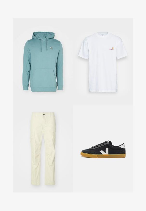 Sweatshirt à capuche teal en tissu doux, avec une poche kangourou et un petit patch logo en haut à gauche.; T-shirt en coton blanc à manches courtes. Doté d'un petit logo orange et bordeaux sur la poitrine gauche. Présente un col rond classique.; Pantalons cargo beige en tissu léger, dotés de poches latérales, d'une fermeture à bouton et de jambes droites. Texture lisse avec coutures ajustées.; Baskets noires en toile avec une coque en daim, logo blanc, lacets noirs et semelle en caoutchouc beige. Design minimaliste et silhouette basse.