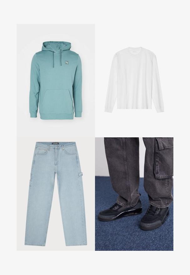 Sweatshirt à capuche teal en tissu doux, avec une poche kangourou et un petit patch logo en haut à gauche.; T-shirt blanc en coton à manches longues avec col rond, doté de poignets côtelés et d'un ourlet droit, texture lisse et design minimaliste.; Pegador DAULE BAGGY WORKWEAR - Jean baggy - washed cold blue; Des chaussures de sport noires avec une surface texturée, des accents lisses et une semelle épaisse, accompagnées de pantalons cargo larges et foncés.