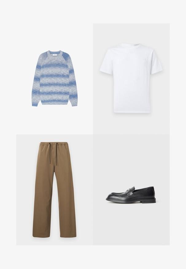 Pull à manches longues col rond avec des rayures horizontales bleu et gris marbré, poignets et ourlet côtelés, posé à plat sur fond blanc.; T-shirt blanc uni à manches courtes et col rond, avec un petit logo brodé sur la poitrine gauche, présenté sur un fond neutre.; Pantalon marron à coupe droite avec taille élastique et cordons noirs, présenté sur un fond clair uni.; Mocassins en cuir noir avec une finition texturée, dotés d'une bride décorative à l'avant et d'un bout arrondi. Semelle en caoutchouc pour plus de durabilité.