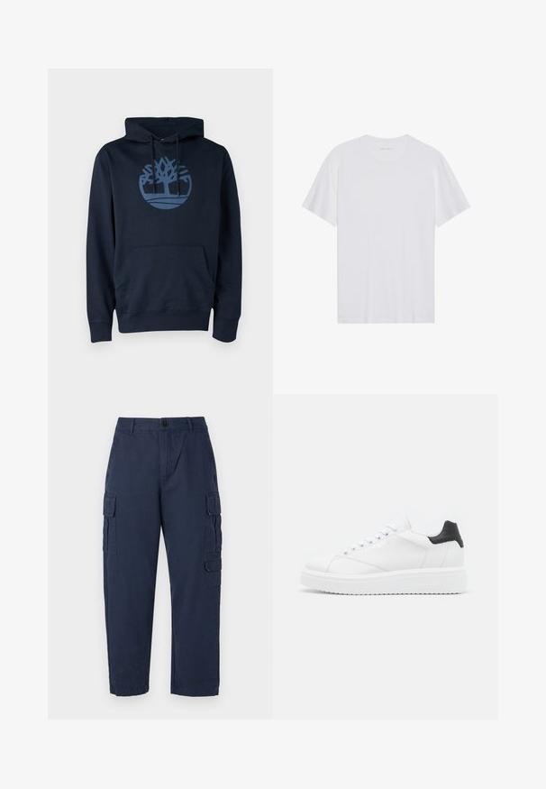 Dunkelblauer Hoodie aus Baumwollmischgewebe, mit einer Fronttasche und einem runden Baumlogo in einem helleren Blau auf der Brust.; Weißes Baumwoll-T-Shirt mit kurzen Ärmeln, Rundhalsausschnitt und glatter Textur. Verfügt über eine minimale Markenkennzeichnung am Halsausschnitt.; Marine Cargo-Hose aus Baumwolle. Verfügt über zwei Seitentaschen, einen Knopfverschluss und einen geraden Schnitt. Sanfte Textur und lässige Passform.; Weiße Leder-Sneaker mit schwarzem Fersenbereich, flachen Schnürsenkeln, strukturiertem Zwischensohlenteil und Branding auf der Außenseite. Entworfen für den Casual-Look.