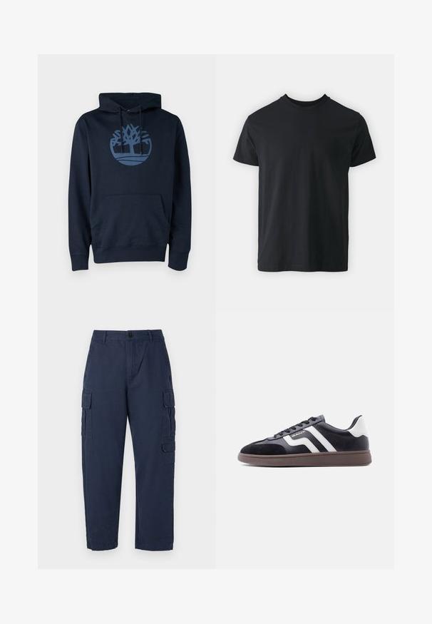 Dunkelblauer Hoodie aus Baumwollmischgewebe, mit einer Fronttasche und einem runden Baumlogo in einem helleren Blau auf der Brust.; Schwarzes Baumwoll-T-Shirt mit kurzen Ärmeln, Rundhalsausschnitt und lässiger Passform. Glatte Textur und gerader Saum, keine sichtbaren Grafiken oder Muster.; Marine Cargo-Hose aus Baumwolle. Verfügt über zwei Seitentaschen, einen Knopfverschluss und einen geraden Schnitt. Sanfte Textur und lässige Passform.; Schwarze Sneaker aus Velours- und synthetischem Material mit weißen diagonalen Streifen und brauner, strukturierter Sohle. Verfügt über ein Schnürdesign und gepolsterten Kragen.