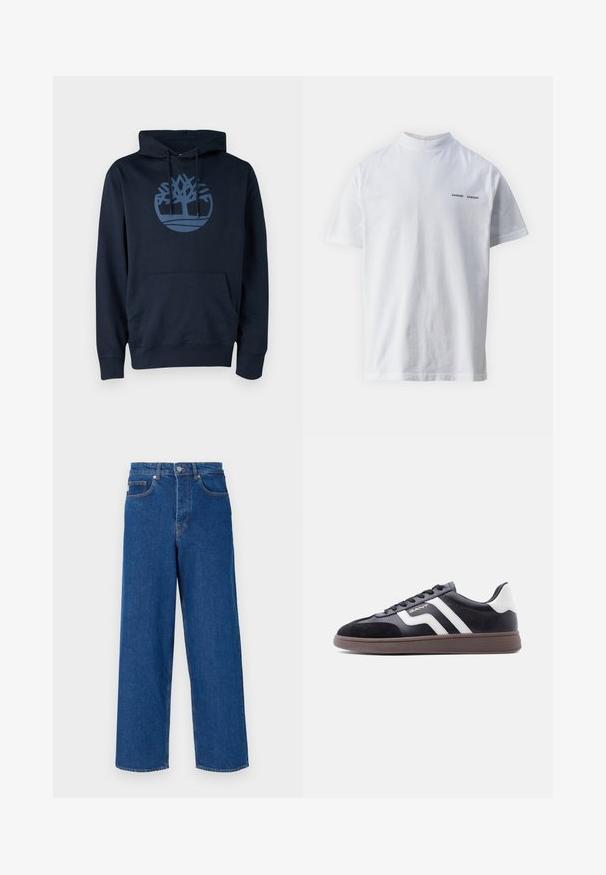 Dunkelblauer Hoodie aus Baumwollmischgewebe, mit einer Fronttasche und einem runden Baumlogo in einem helleren Blau auf der Brust.; Weißes Baumwoll-T-Shirt mit hohem Ausschnitt und kurzen Ärmeln. Mit schwarzem "SAMSØE SAMSØE" Logo auf der Vorderseite. Glatte Textur.; Weite blaue Jeans aus Denim mit hoher Taille, Fünf-Taschen-Design und Kontrastnähten entlang der Nähte und Taschen.; Schwarze Sneaker aus Velours- und synthetischem Material mit weißen diagonalen Streifen und brauner, strukturierter Sohle. Verfügt über ein Schnürdesign und gepolsterten Kragen.