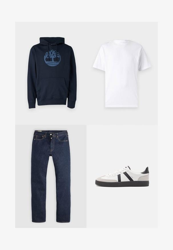 Dunkelblauer Hoodie aus Baumwollmischgewebe, mit einer Fronttasche und einem runden Baumlogo in einem helleren Blau auf der Brust.; Weißes kurzärmeliges T-Shirt aus Baumwolle mit Rundhalsausschnitt, das eine glatte Textur und ein einfaches Design ohne Muster oder Akzente aufweist.; Dunkelblaue Jeans mit geradem Bein, Knopfleiste, Vorder- und Gesäßtaschen sowie kontrastierender Naht, flach auf hellem Hintergrund liegend.; Weiße Sneaker mit schwarz- und grau-aczenten, ausgestattet mit einer strukturierten grauen Zehenkappe, schwarzer Gummi-Sohle und flachen weißen Schnürsenkeln. Sauberes Design, minimalistische Stil.