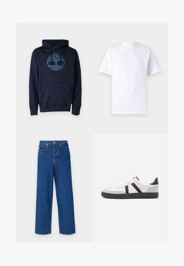 Dunkelblauer Hoodie aus Baumwollmischgewebe, mit einer Fronttasche und einem runden Baumlogo in einem helleren Blau auf der Brust.; Weißes kurzärmeliges T-Shirt aus Baumwolle mit Rundhalsausschnitt, das eine glatte Textur und ein einfaches Design ohne Muster oder Akzente aufweist.; Weite blaue Jeans aus Denim mit hoher Taille, Fünf-Taschen-Design und Kontrastnähten entlang der Nähte und Taschen.; Weiße Sneaker mit schwarz- und grau-aczenten, ausgestattet mit einer strukturierten grauen Zehenkappe, schwarzer Gummi-Sohle und flachen weißen Schnürsenkeln. Sauberes Design, minimalistische Stil.