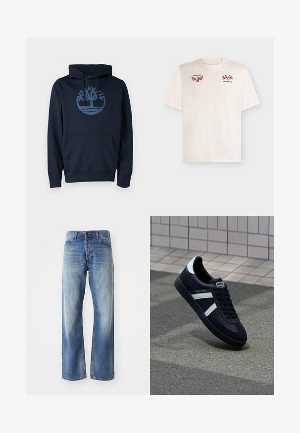 Marineblå hættetrøje lavet af bomuldsblandet stof, med en frontlomme og et cirkulært trælogo i en lysere blå farve på brystet.; Kremfarvet t-shirt med korte ærmer, der har logoer med en rød vingeformet dæk og ternede flag samt teksten "Comin' In Hot" og "Levi Strauss & Co."; Blå denim straight-leg jeans med let fading på lårene og knæene, med fem lommer og en knaplukning.; Sort lædersneaker med hvide striber, tekstureret gummisål og snørrebånd foran. Har et brandet mærke på tungen.