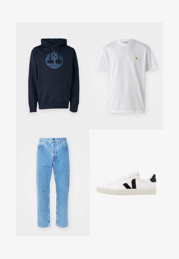 Dunkelblauer Hoodie aus Baumwollmischgewebe, mit einer Fronttasche und einem runden Baumlogo in einem helleren Blau auf der Brust.; Weißes Baumwoll-T-Shirt mit kurzen Ärmeln, Rundhalsausschnitt, mit einem kleinen goldenen Logo im linken Brustbereich. Weicher Stoff und normale Passform.; Hellblaue Denim-Jeans verfügen über ein gerades Bein-Design, fünf Taschen und einen klassischen Knopfverschluss am Bund.; Weiße Leder-Sneaker mit schwarzen Wildlederelementen; verfügen über eine Gummisohle, eine runde Spitze und ein klassisches Schnürdesign. Seitliches Logo in Schwarz.
