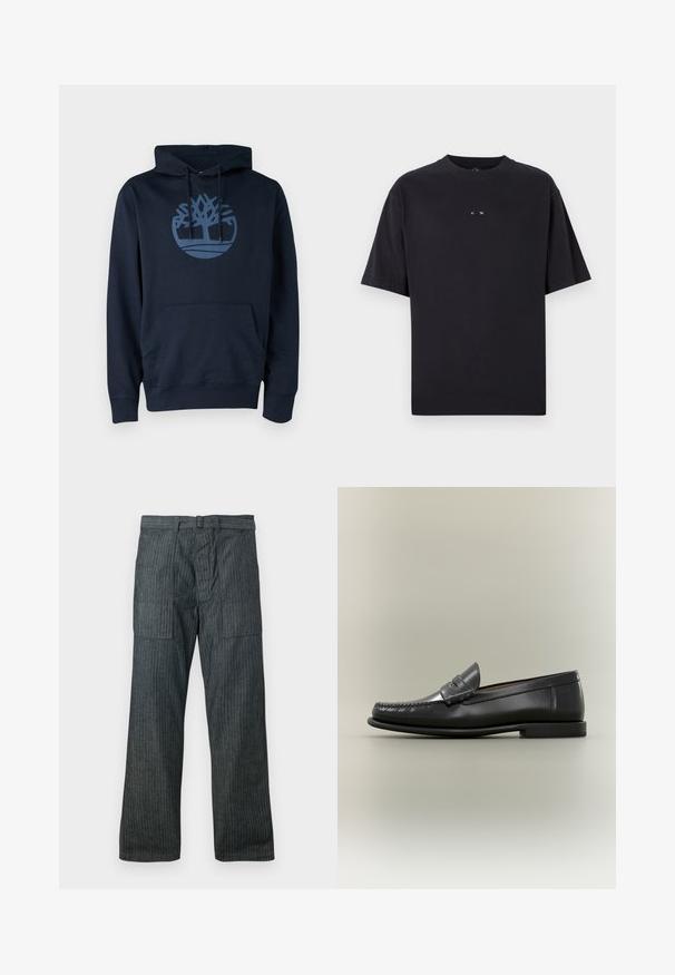 Navyblauwe hoodie van een mengsel van katoen, met een voorzak en een rond boomlogo in een lichtere blauw op de borst.; Oakley RISE TEE - T-shirt basic - blackout; Donkergrijze wijde broek met verticale strepen, grote voorzakken, riemlussen en een rits aan de voorkant.; Zwarte leren herenslipper met moc-toe ontwerp, pennestrook en lage hak op een neutrale achtergrond.