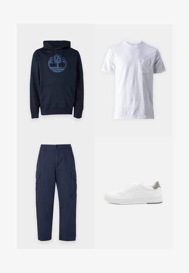Dunkelblauer Hoodie aus Baumwollmischgewebe, mit einer Fronttasche und einem runden Baumlogo in einem helleren Blau auf der Brust.; Weißes Baumwoll-T-Shirt mit Rundhalsausschnitt, kurzen Ärmeln und einer linken Brusttasche, mit einem kleinen Logo auf der Tasche. Glatte Textur.; Marine Cargo-Hose aus Baumwolle. Verfügt über zwei Seitentaschen, einen Knopfverschluss und einen geraden Schnitt. Sanfte Textur und lässige Passform.; Weißer Sneaker aus glattem Leder, runde Zehenpartie, minimalistisches Design, graue Fersenkante und strukturierte Gummisohle.