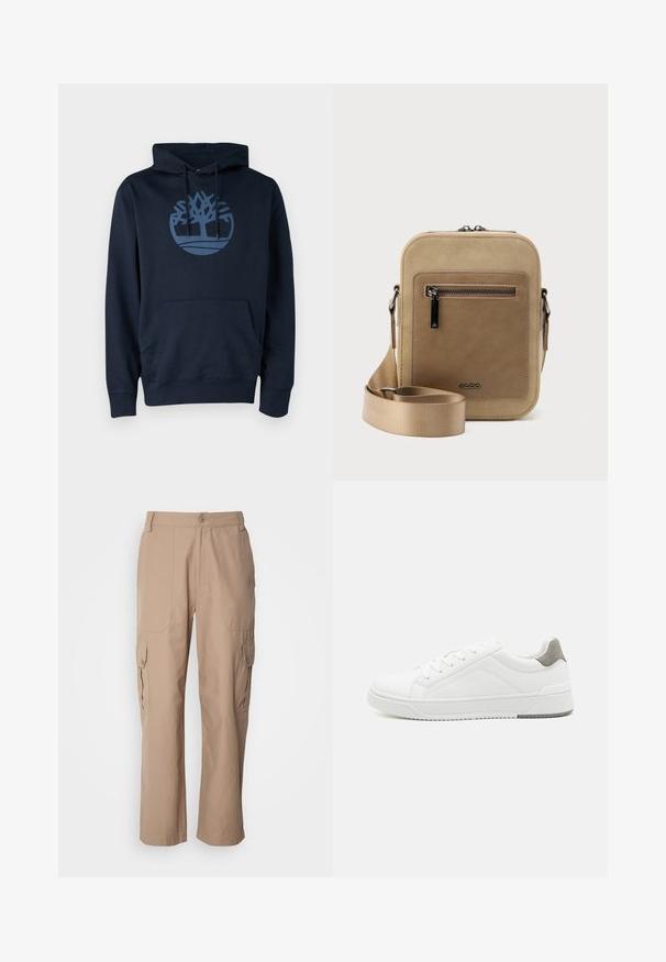 Dunkelblauer Hoodie aus Baumwollmischgewebe, mit einer Fronttasche und einem runden Baumlogo in einem helleren Blau auf der Brust.; Khakifarbene Cargo-Hosen aus leichtem Stoff mit zwei seitlichen Taschen, einem Knopfverschluss und einer geraden Beinform.; Weißer Sneaker aus glattem Leder, runde Zehenpartie, minimalistisches Design, graue Fersenkante und strukturierte Gummisohle.; Kleine beige Umhängetasche mit vorderer Reißverschlusstasche, metallischem ALDO-Logo, verstellbarem breitem Riemen und abgerundeter rechteckiger Form vor weißem Hintergrund.