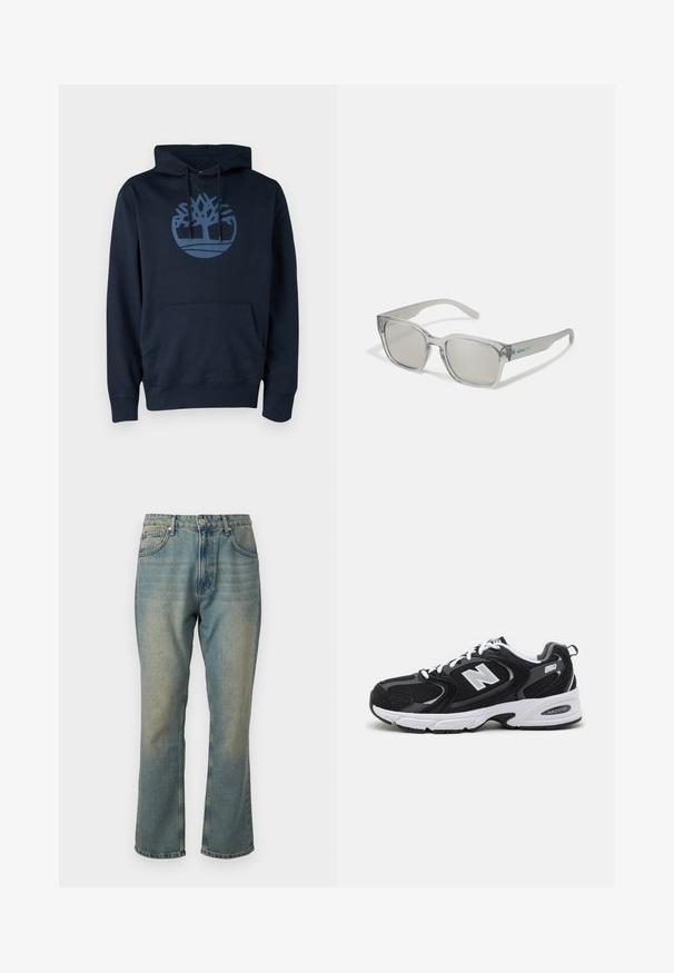 Dunkelblauer Hoodie aus Baumwollmischgewebe, mit einer Fronttasche und einem runden Baumlogo in einem helleren Blau auf der Brust.; Ausgebleichte blaue Denim-Jeans mit geradem Bein, fünf Taschen und einem Knopfverschluss. Hat subtile hellere Waschdetails.; Schwarze und graue Sportschuhe mit Obermaterial aus Mesh und Wildleder, ausgestattet mit einer weißen Zwischensohle, Schnürsenkeln und einem markanten "N"-Logo an der Seite.; Arnette HAMIE - Sonnenbrille - light grey/silver-coloured