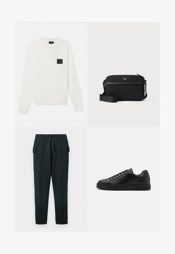 Hvid strikket sweater med lange ærmer, rund hals og en sort firkantet lap på brystet. Glat tekstur og ribbede manchetter og kant.; Sorte joggingbukser med snøre i taljen, sidelommer, detaljer med cargolomme og synlige sømmer. Blødt stof med en afslappet pasform.; Sort lædersneaker med tekstureret overflade, flade snørebånd og gummisål. Har branding på siden og et rundt tøjd design.; Sort rektangulær crossbody-taske med lynlåslomme foran, justerbar rem og lille metallogo øverst i midten.