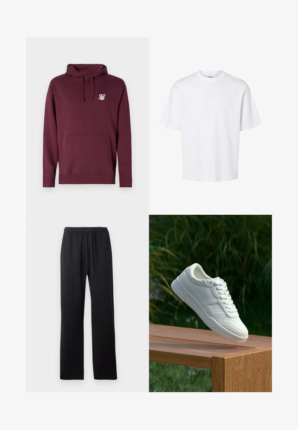Bordeaux hoodie lavet af blødt stof, med en frontlomme og hætte med snørebånd. Inkluderer et lille hvidt logo på brystet.; Enkelt hvid t-shirt med korte ærmer og rund hals med afslappet pasform, vist på en ensfarvet baggrund.; Abercrombie & Fitch ESSENTIAL BAGGY OPEN HEM CASUAL - Træningsbukser - black; Hvide lædersneakers med en glat overflade, prydet med perforeret design, klassisk snørering og gummisål, placeret over en træoverflade.
